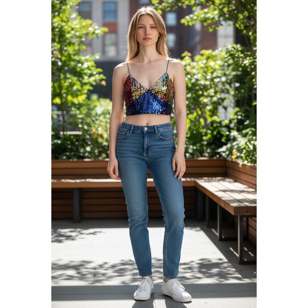 NWT SHEIN Colorblock Sequin V-Neck Cami Crop Top XS Party Festival Club - Picture 3 of 10